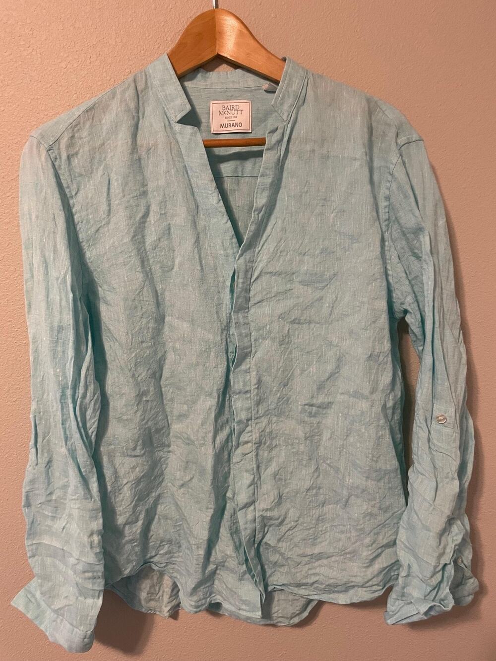 Baird McNutt Murano Mens Medium Blue Linen Long Sleeve Button Up Lightweight